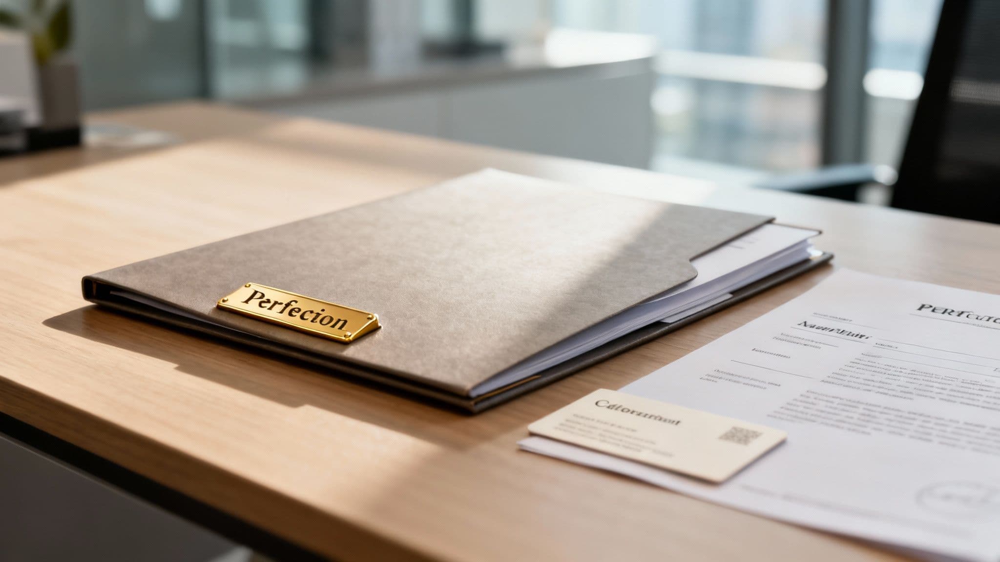 A professional grey folder with a golden "Perfection" plaque sits on a wooden office desk.