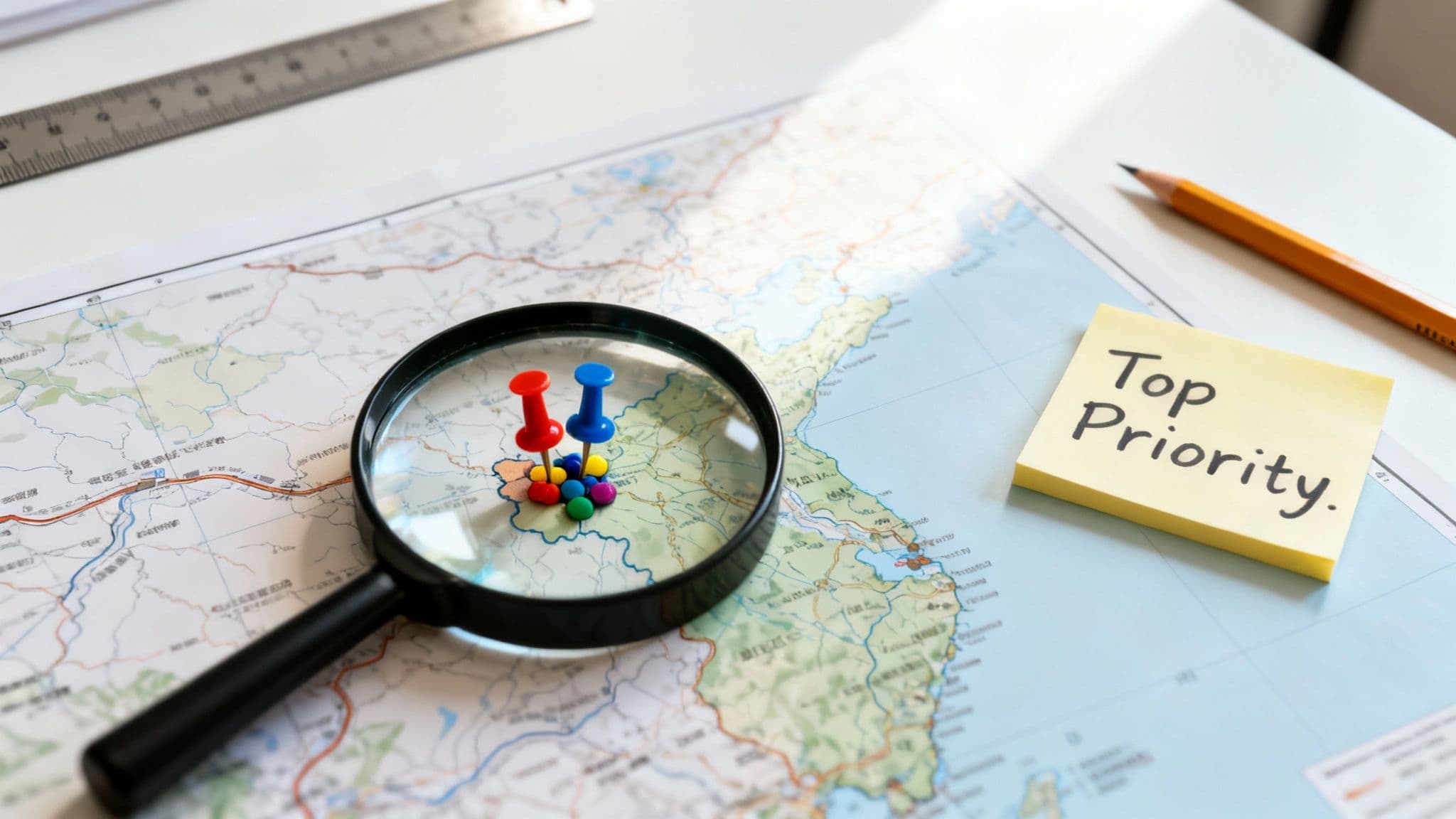 A magnifying glass on a map highlights colorful pushpins, alongside a 'Top Priority' note and a pencil.