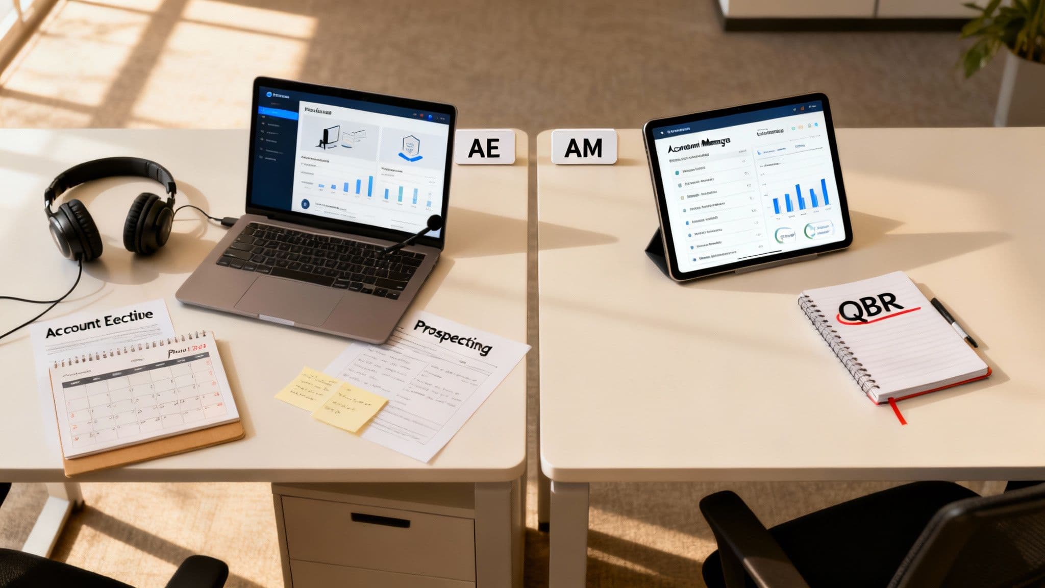 Infographic comparing Account Executive (hunter, closes deals) and Account Manager (farmer, grows accounts) roles.