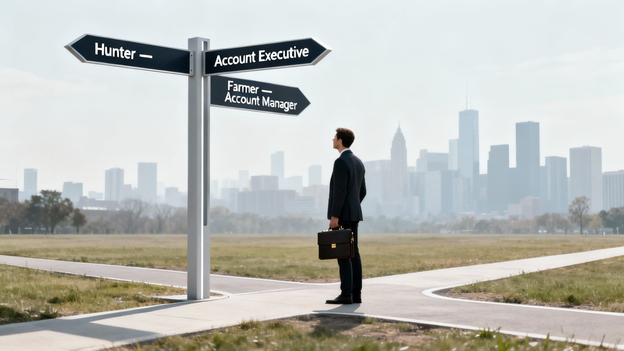 Businessman at a career crossroads, choosing between 'Hunter/Account Executive' and 'Farmer/Account Manager' sales roles.