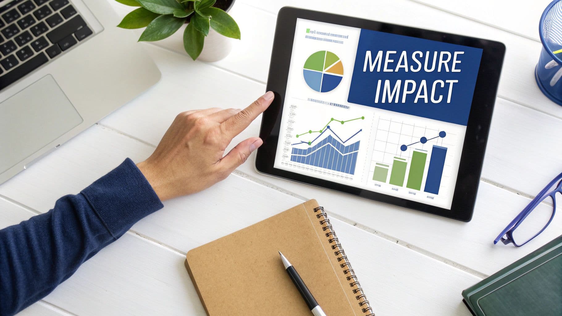 Overhead view of a person using a tablet displaying business charts and 'MEASURE IMPACT' text.