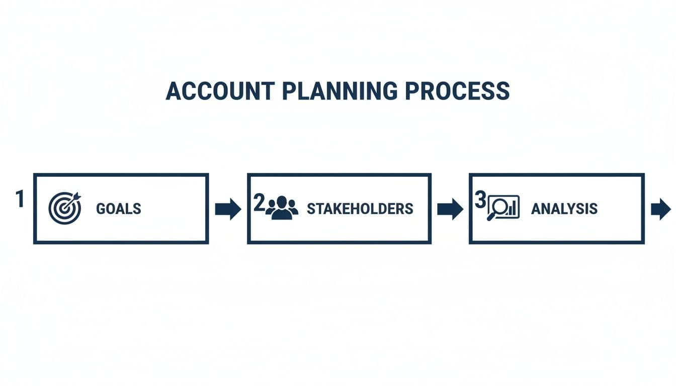 A three-step process diagram for account planning showing goals, stakeholders, and analysis.