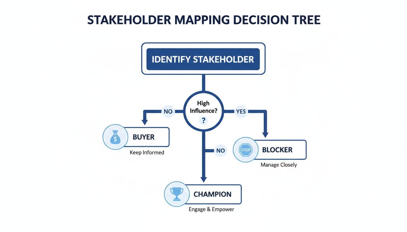 A decision tree flowchart for stakeholder mapping, categorizing individuals as buyer, blocker, or champion based on their influence.
