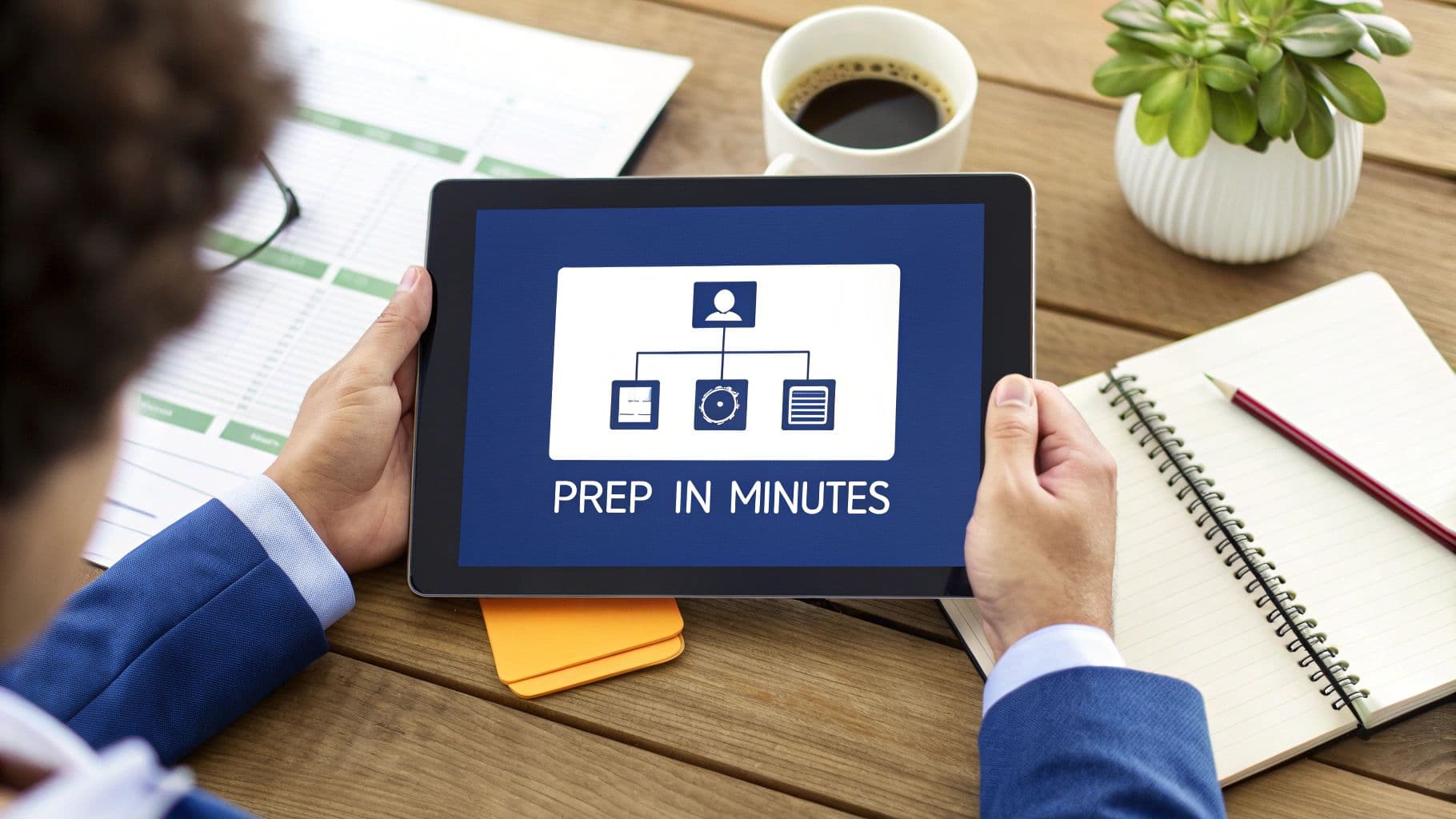 Person holding a tablet showing a workflow diagram with 'PREP IN MINUTES' on a wooden desk.