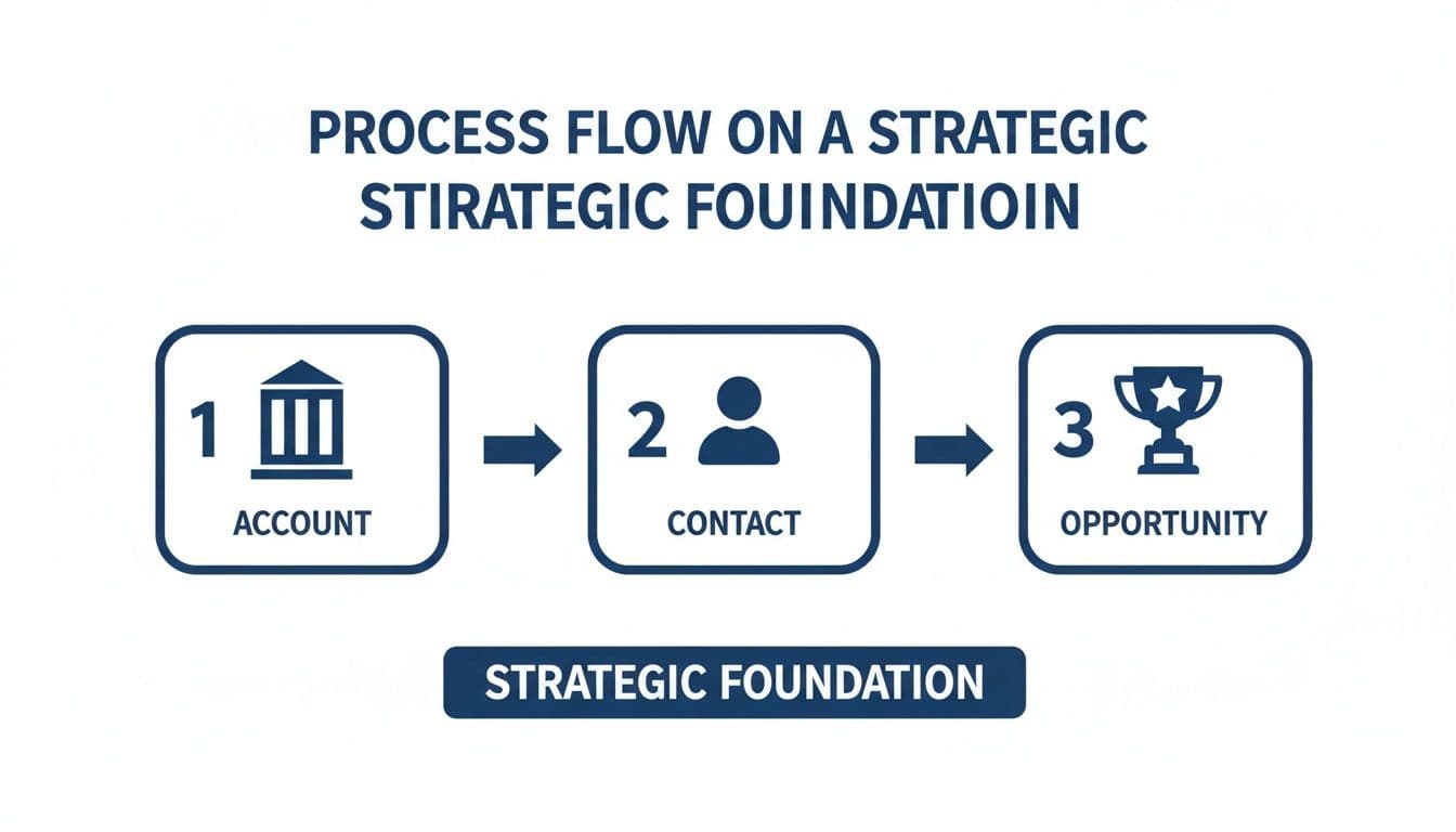 Diagram showing a three-step strategic process flow: Account, Contact, and Opportunity, built on a strategic foundation.