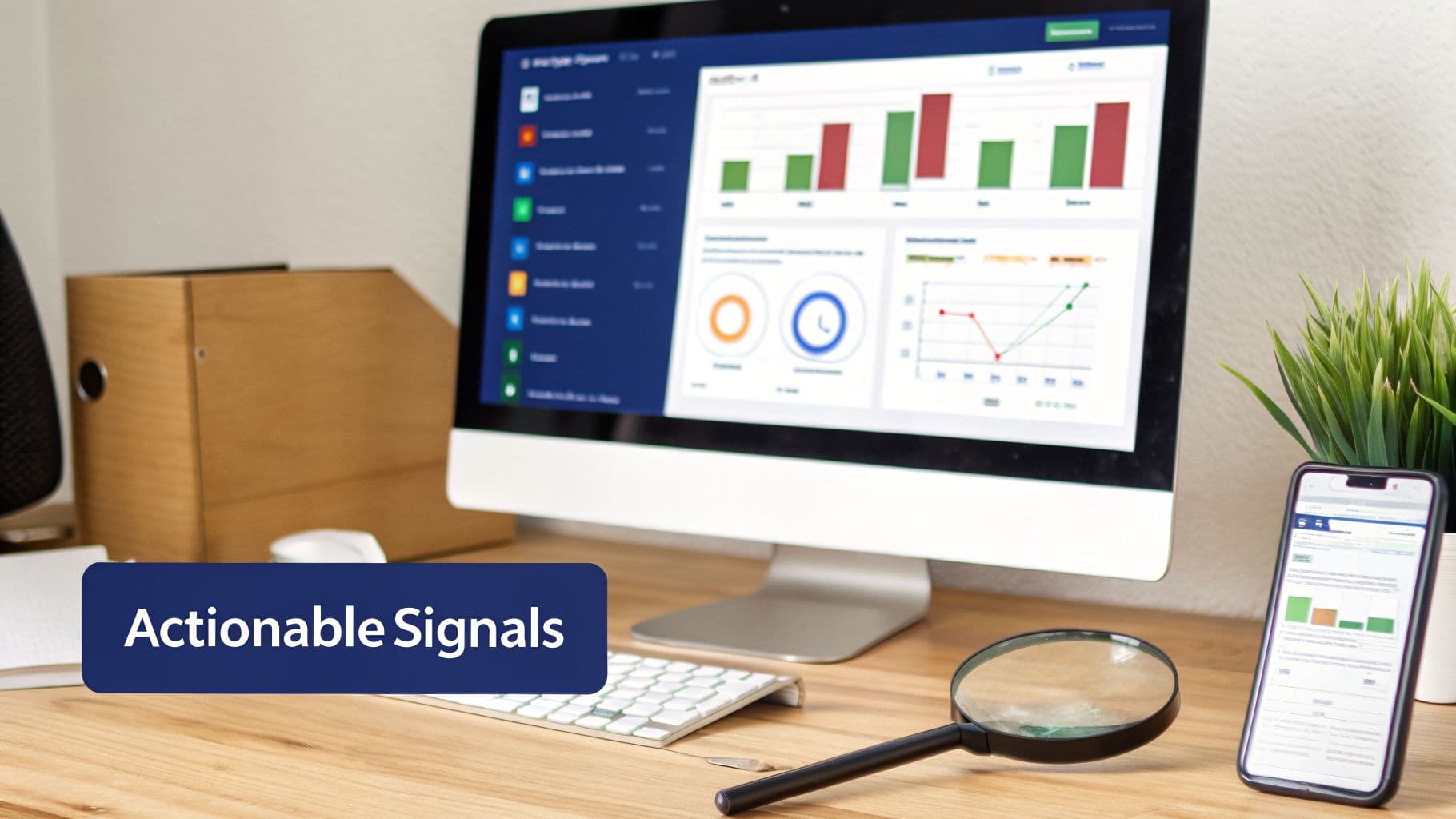 A desk setup featuring a computer monitor displaying data analytics charts, a smartphone, and a magnifying glass.
