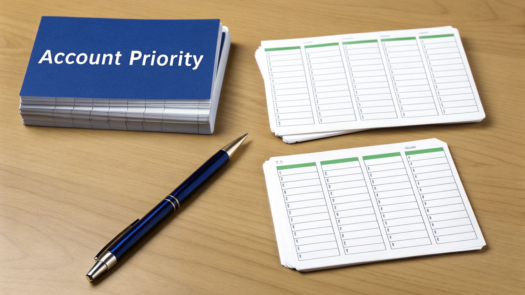 A blue book titled 'Account Priority' on a desk, accompanied by a pen and two stacks of planning templates.