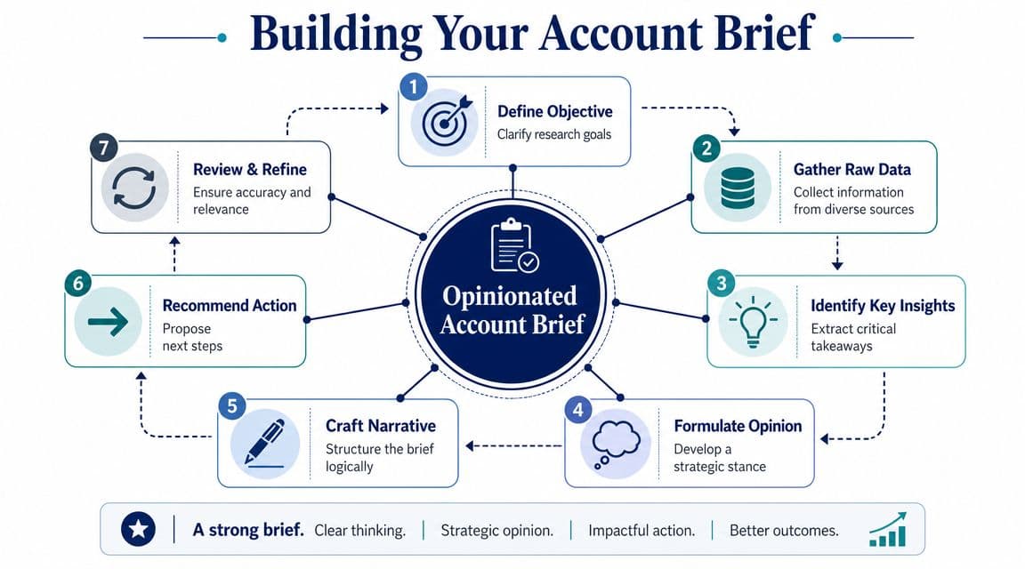 A process diagram illustrating the seven steps for building an opinionated account brief for business research.