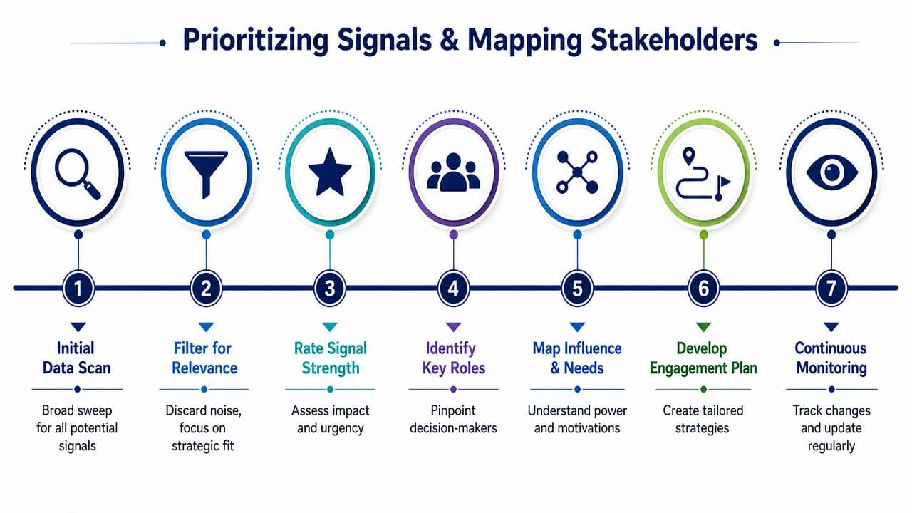 A seven-step process diagram illustrating how to prioritize signals and map stakeholders in business strategy.