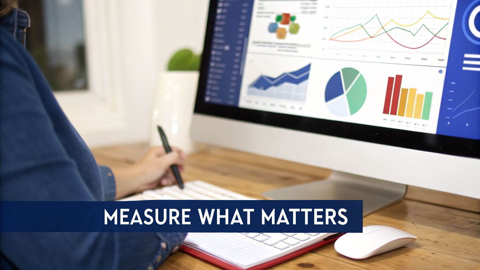 A person analyzing sales data on a computer screen displaying charts and graphs on a desk.