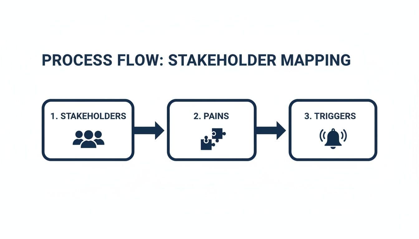 A process flow diagram illustrating stakeholder mapping with three sequential steps: Stakeholders, Pains, and Triggers.