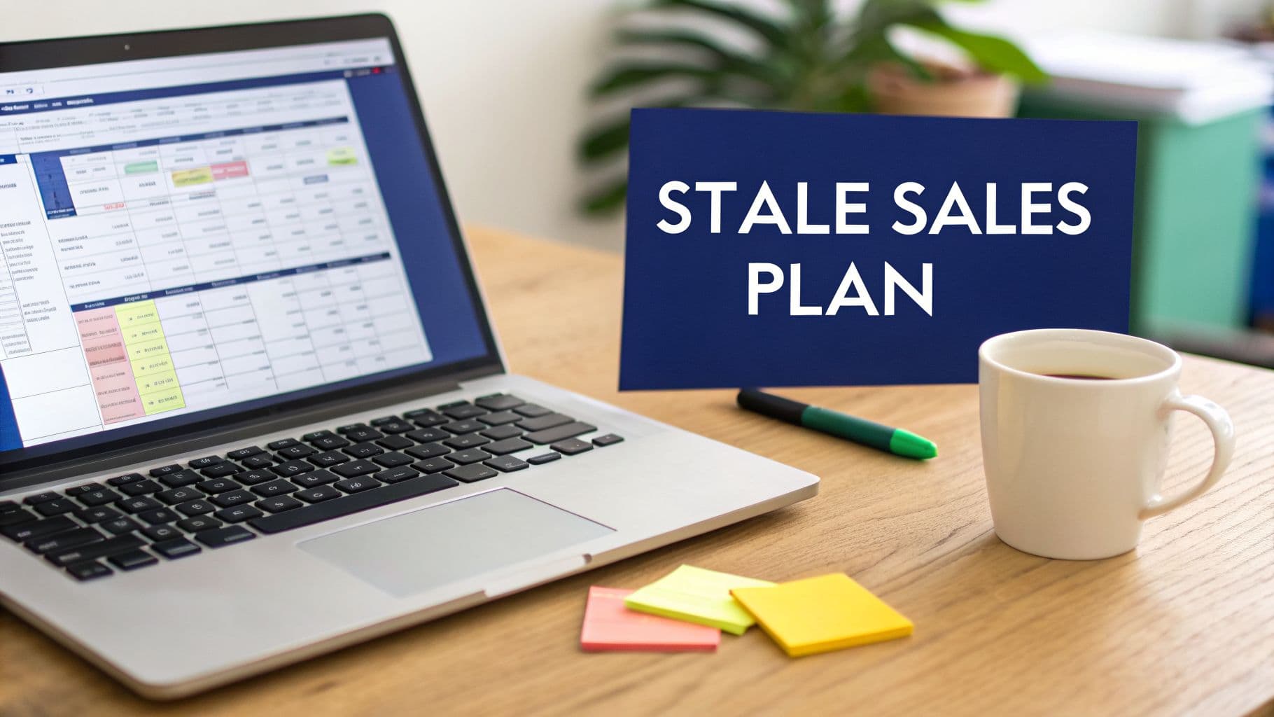 A laptop displays a sales spreadsheet next to a sign saying 'Stale Sales Plan' on a wooden desk.