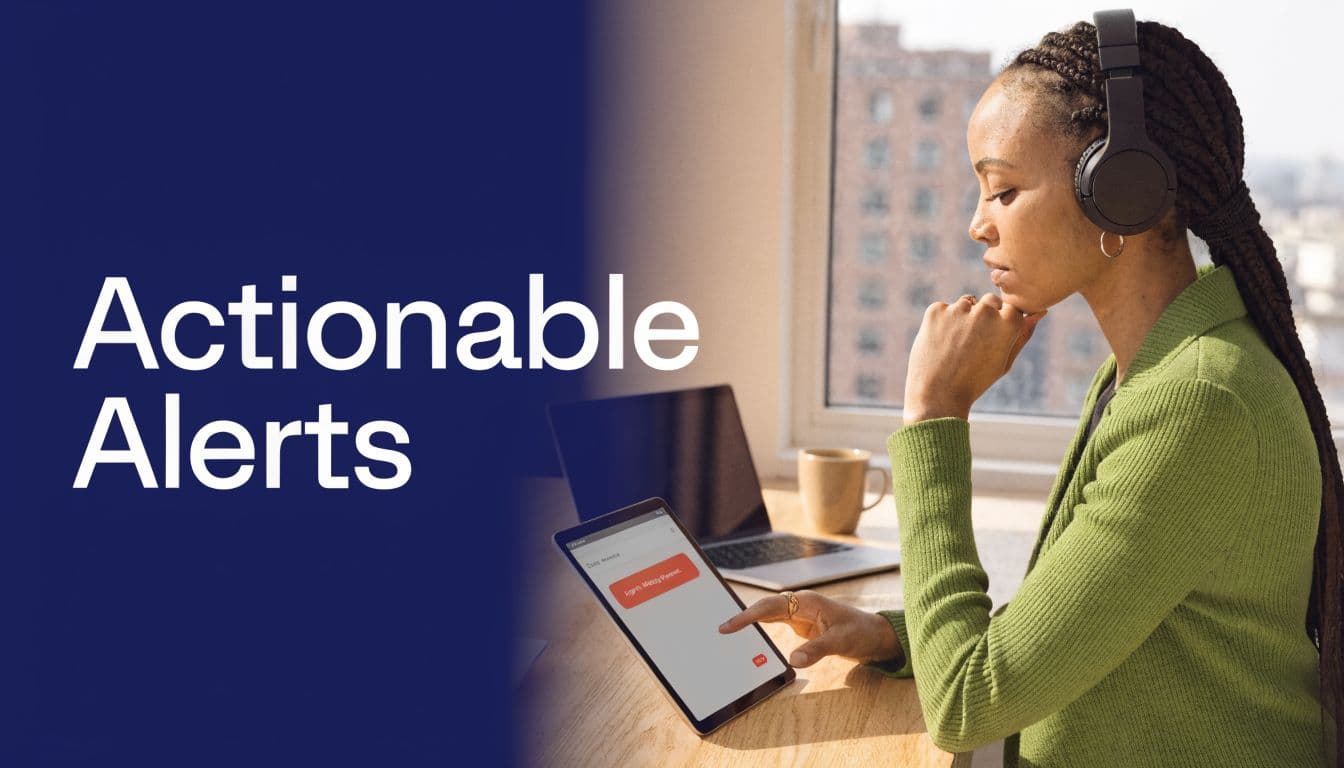 A woman wearing headphones using a digital tablet at her workspace with the text Actionable Alerts visible.