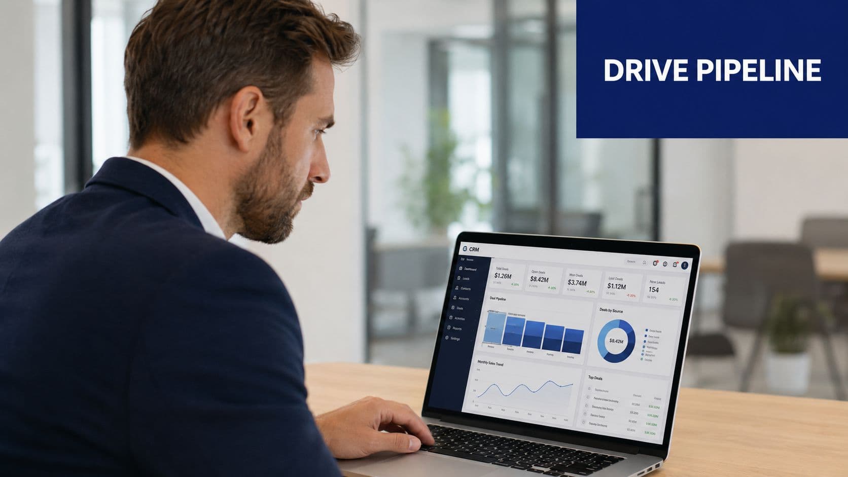A professional man in a business suit analyzing CRM sales pipeline data on his laptop screen.