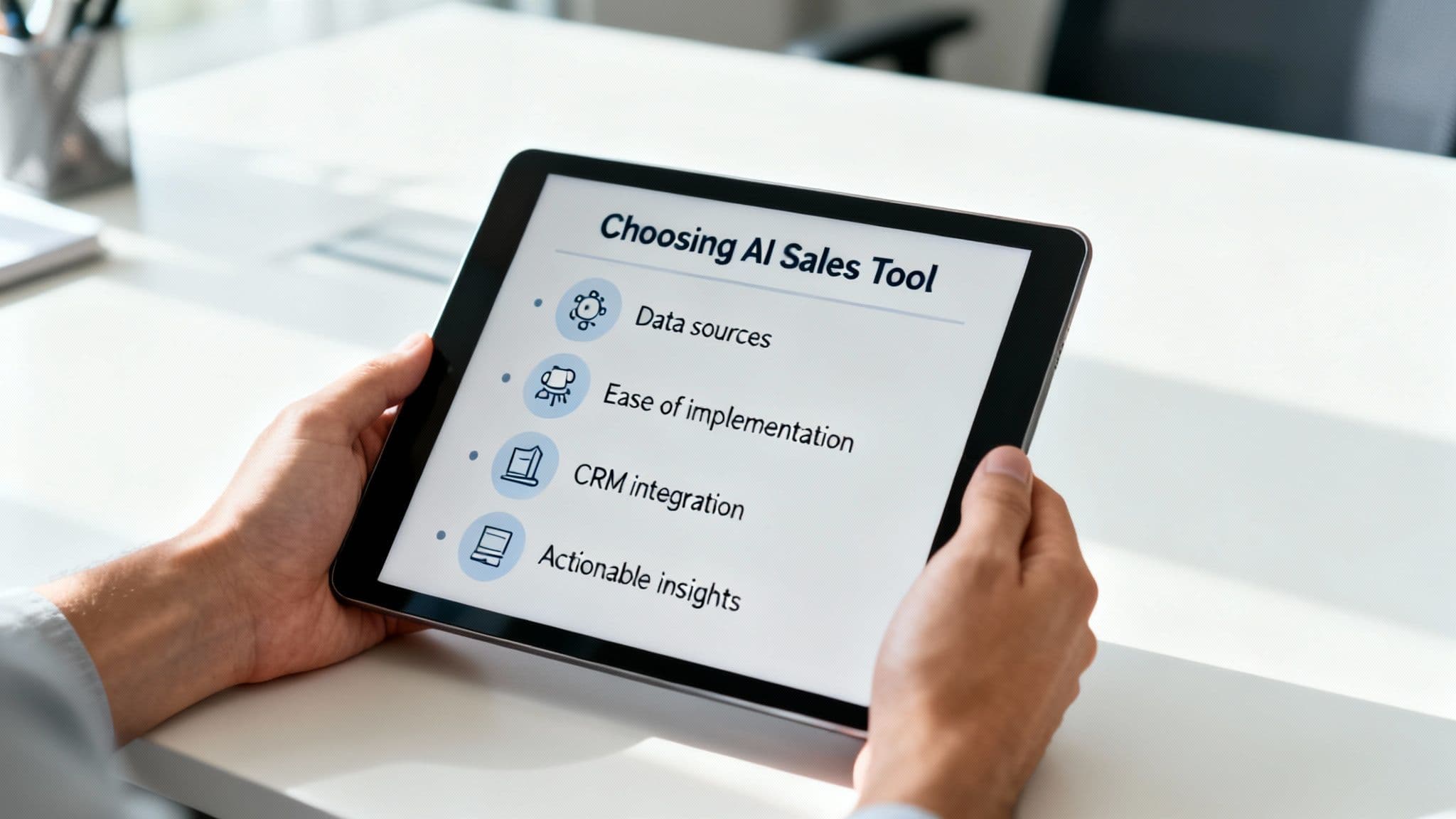 A person holds a tablet displaying a list of considerations for choosing an AI sales tool.