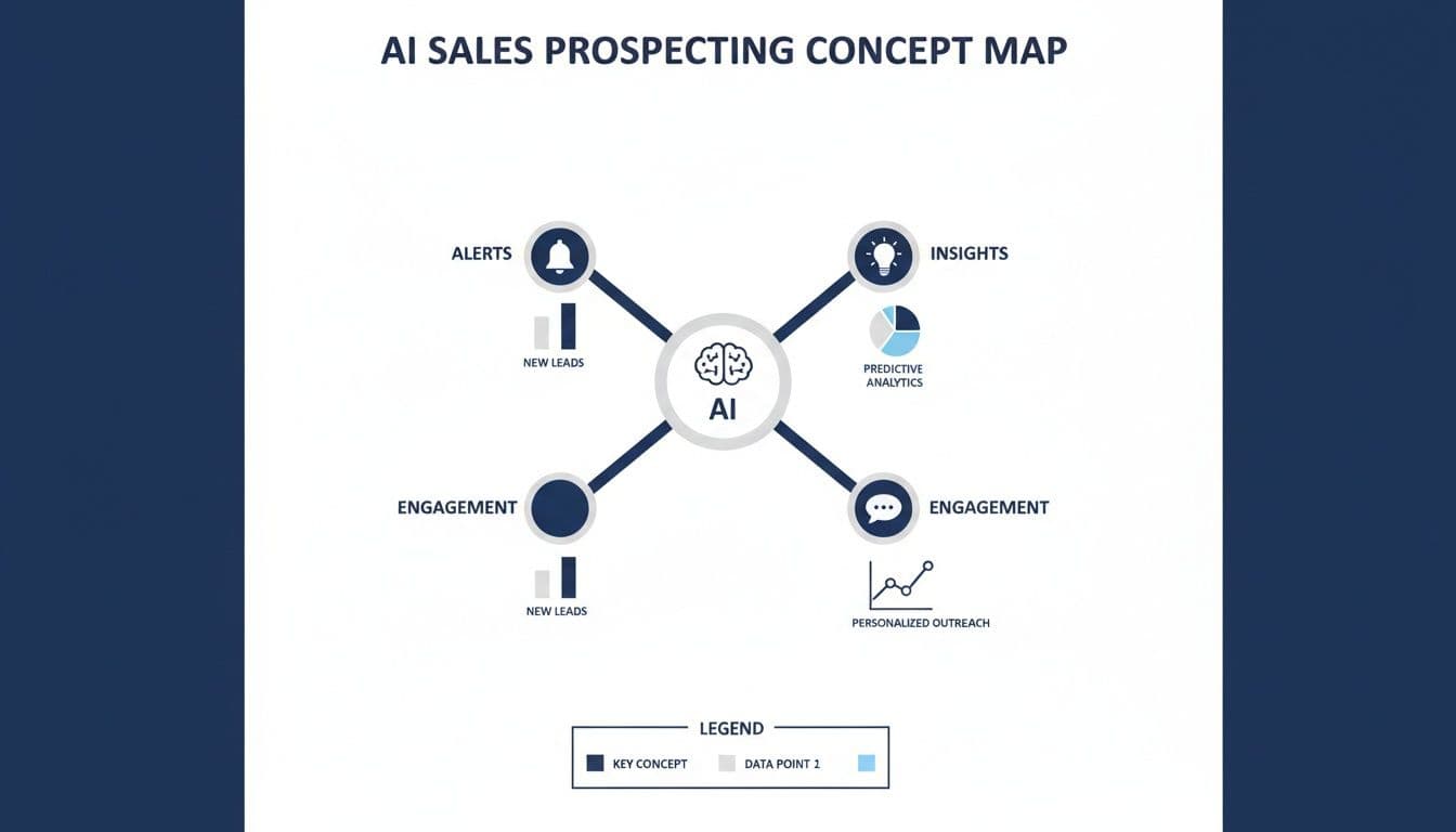 AI sales prospecting concept map illustrating AI's role in alerts, insights, and engagement for sales.