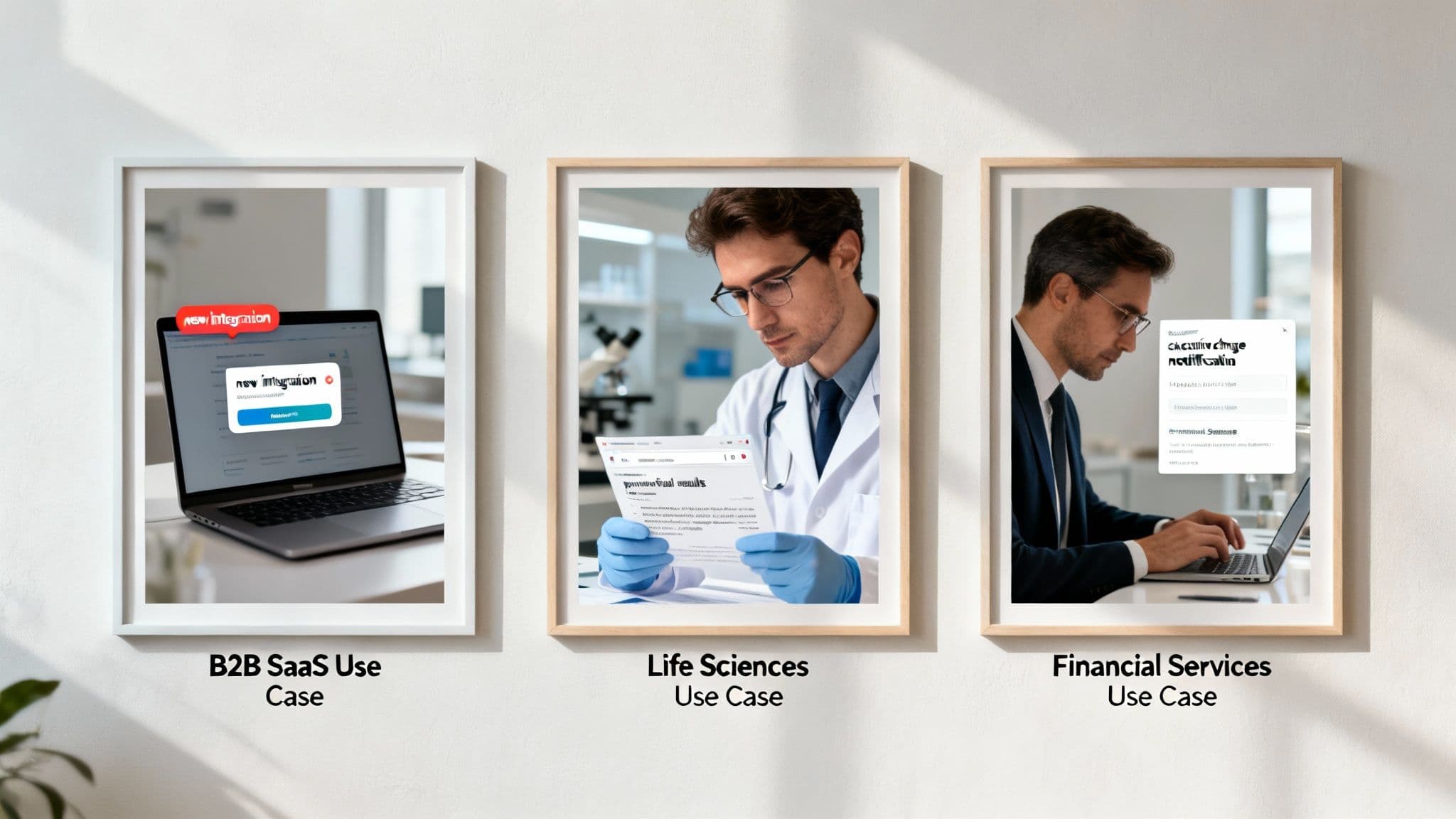 Three framed images illustrating AI use cases across B2B SaaS, Life Sciences, and Financial Services industries.