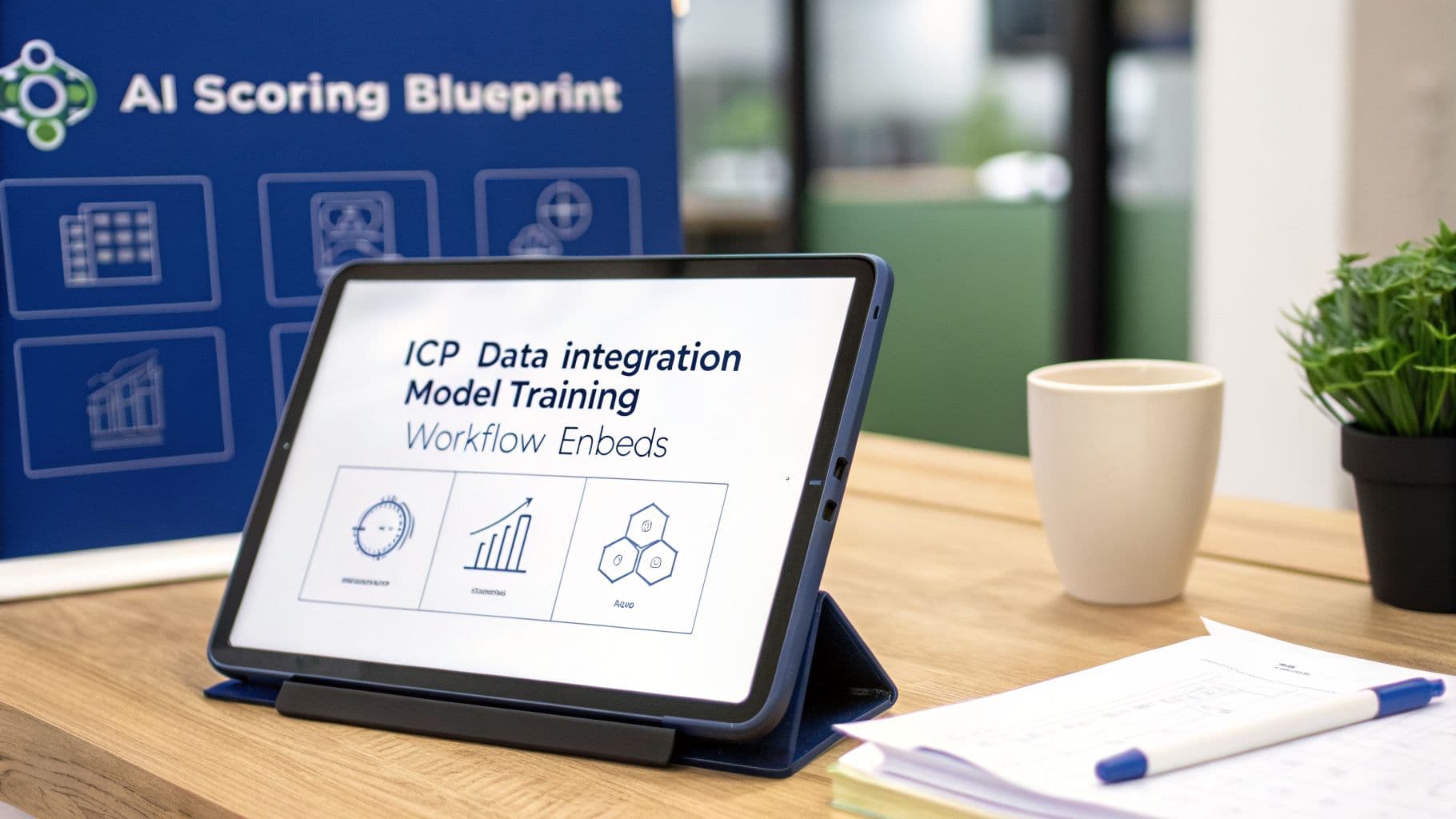 A tablet displays 'Data integration Model Training Workflow Embeds' on a desk, with an 'AI Scoring Blueprint' board behind.
