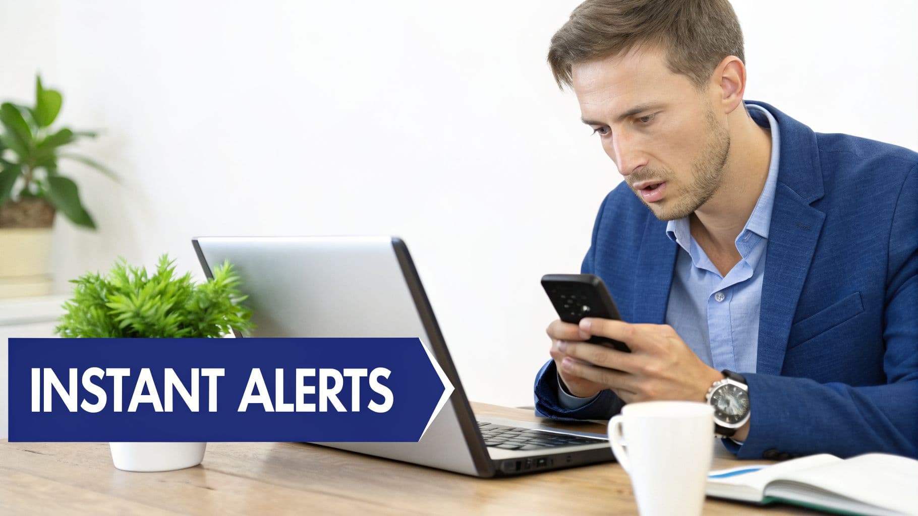 A man in a blue jacket reads his smartphone, with a laptop and "Instant Alerts" banner.