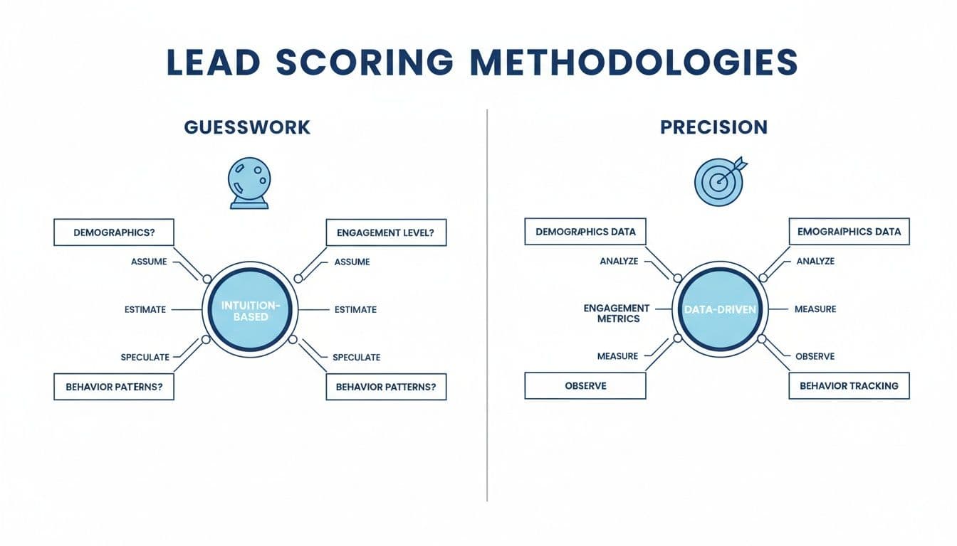 Diagram comparing intuition-based guesswork with data-driven precision in lead scoring methodologies.