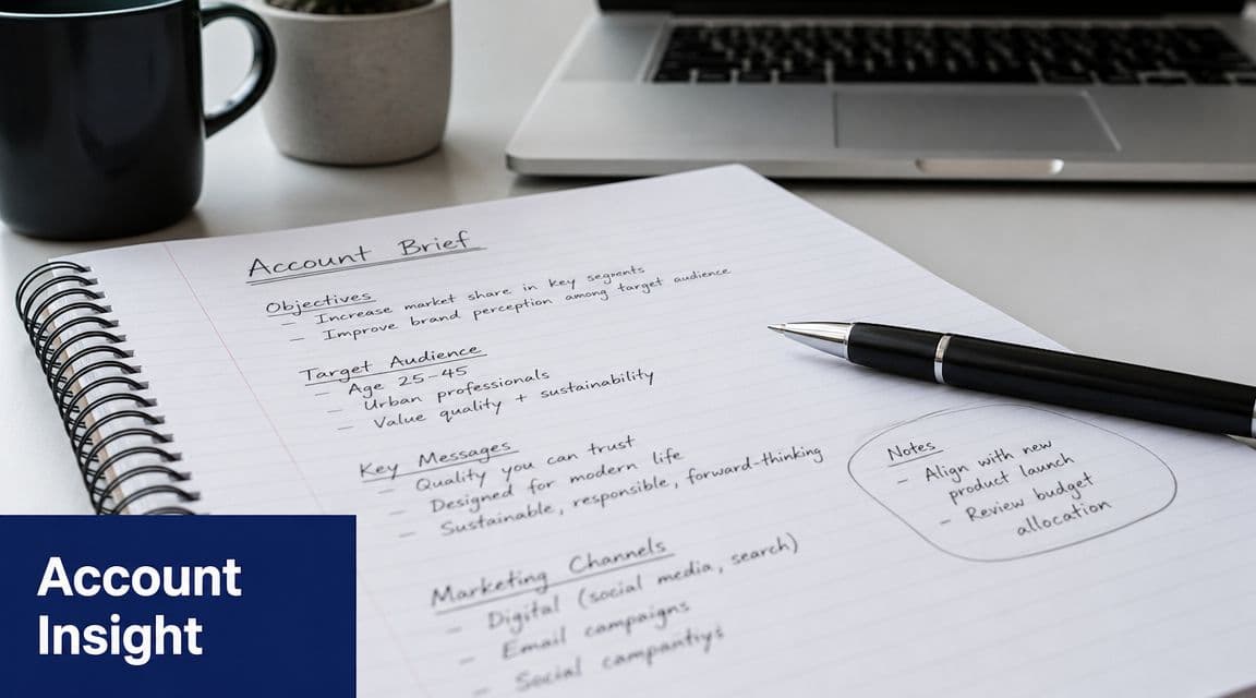 A spiral notebook open on a desk showing an account brief with objectives, target audience, and strategies.