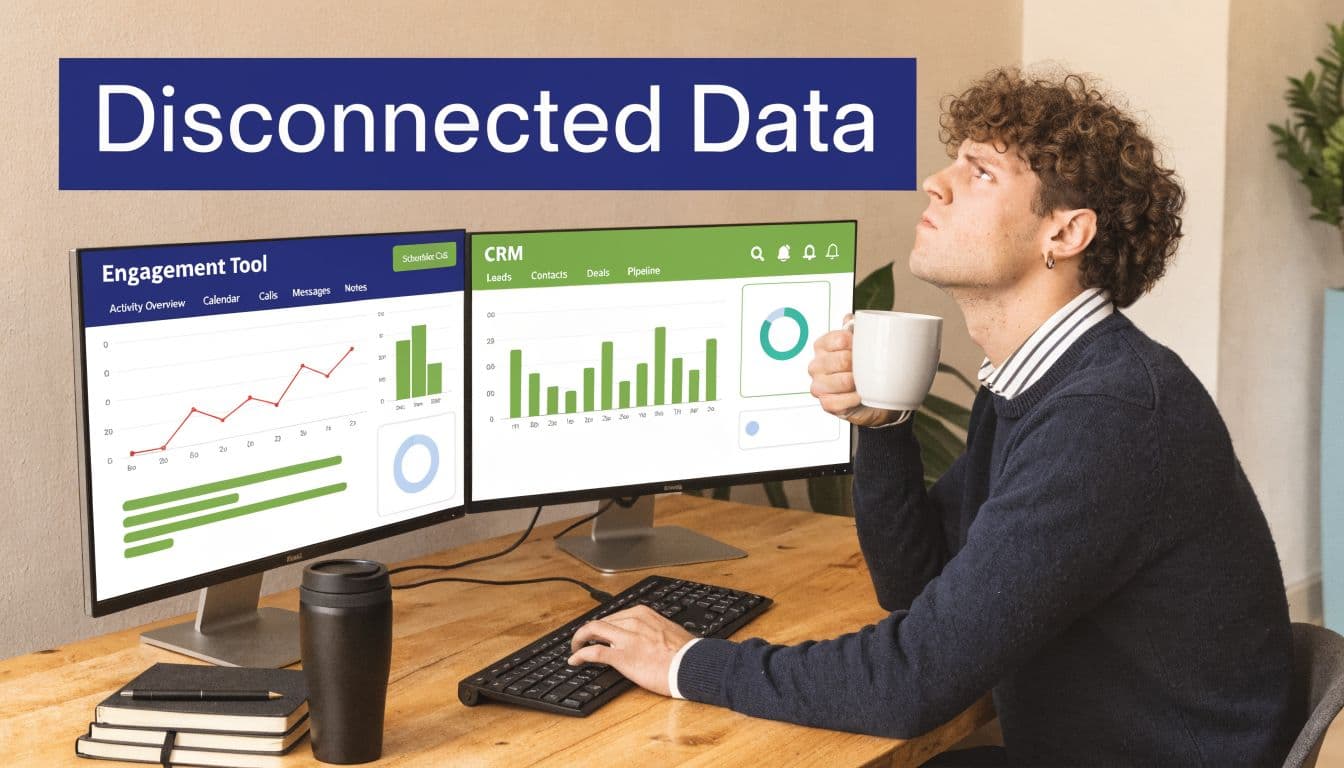 A man looking thoughtfully at two computer monitors displaying disconnected business data dashboards while drinking coffee.