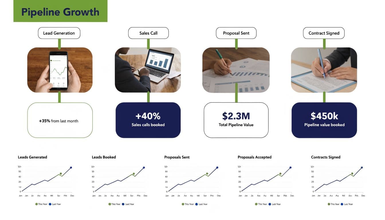 A pipeline growth infographic showing lead generation, sales calls, proposal values, and contracts signed across business stages.