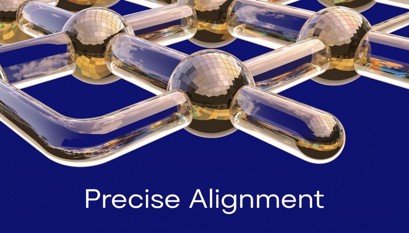 An abstract graphic featuring shiny metallic spheres connected by glass rods against a deep blue background.