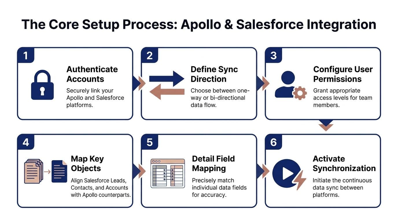 A diagram outlining the six-step setup process for integrating the Apollo and Salesforce software platforms.
