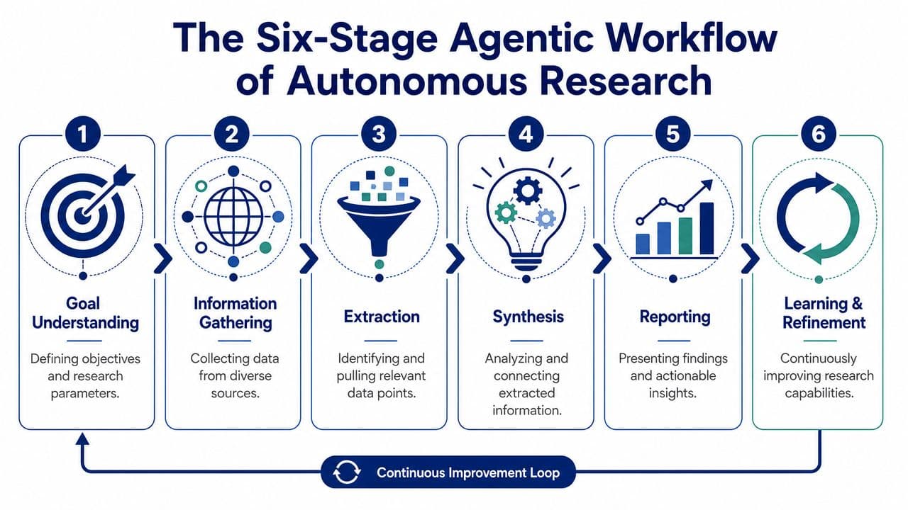 A diagram illustrating the six-stage agentic workflow of autonomous research, from goal understanding to learning and refinement.