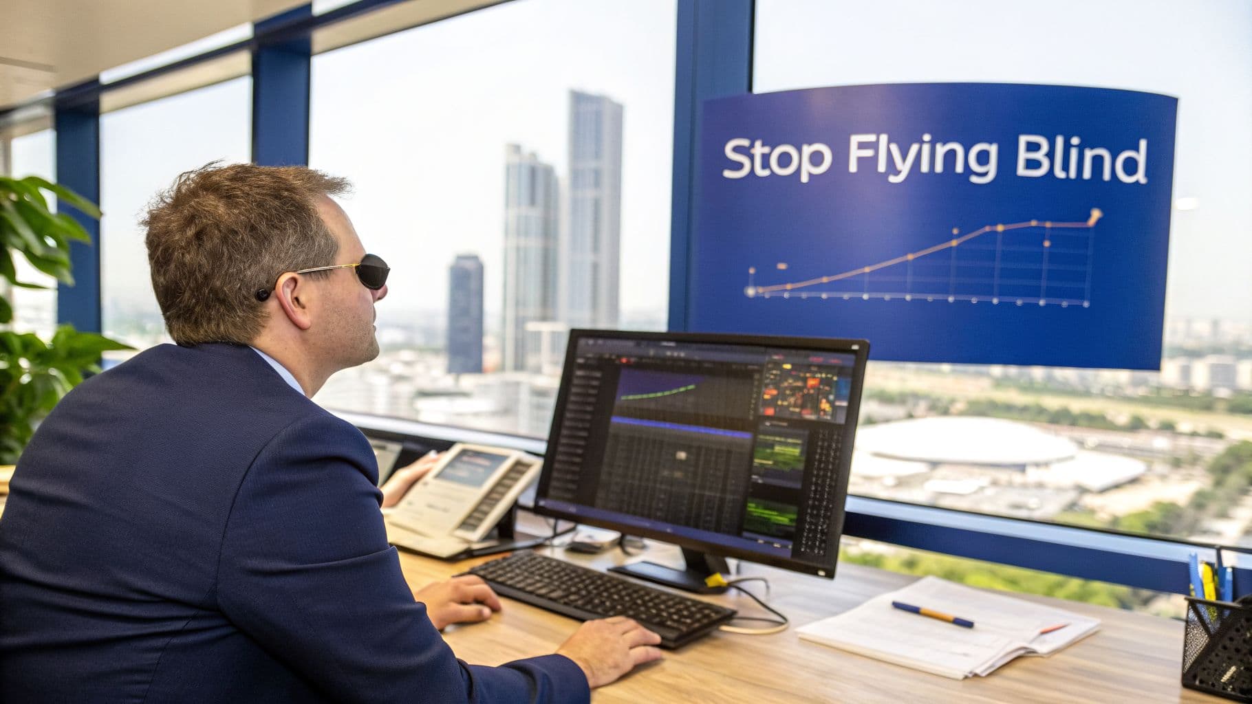 A businessman in sunglasses analyzes data on a computer with a 'Stop Flying Blind' sign and city view.