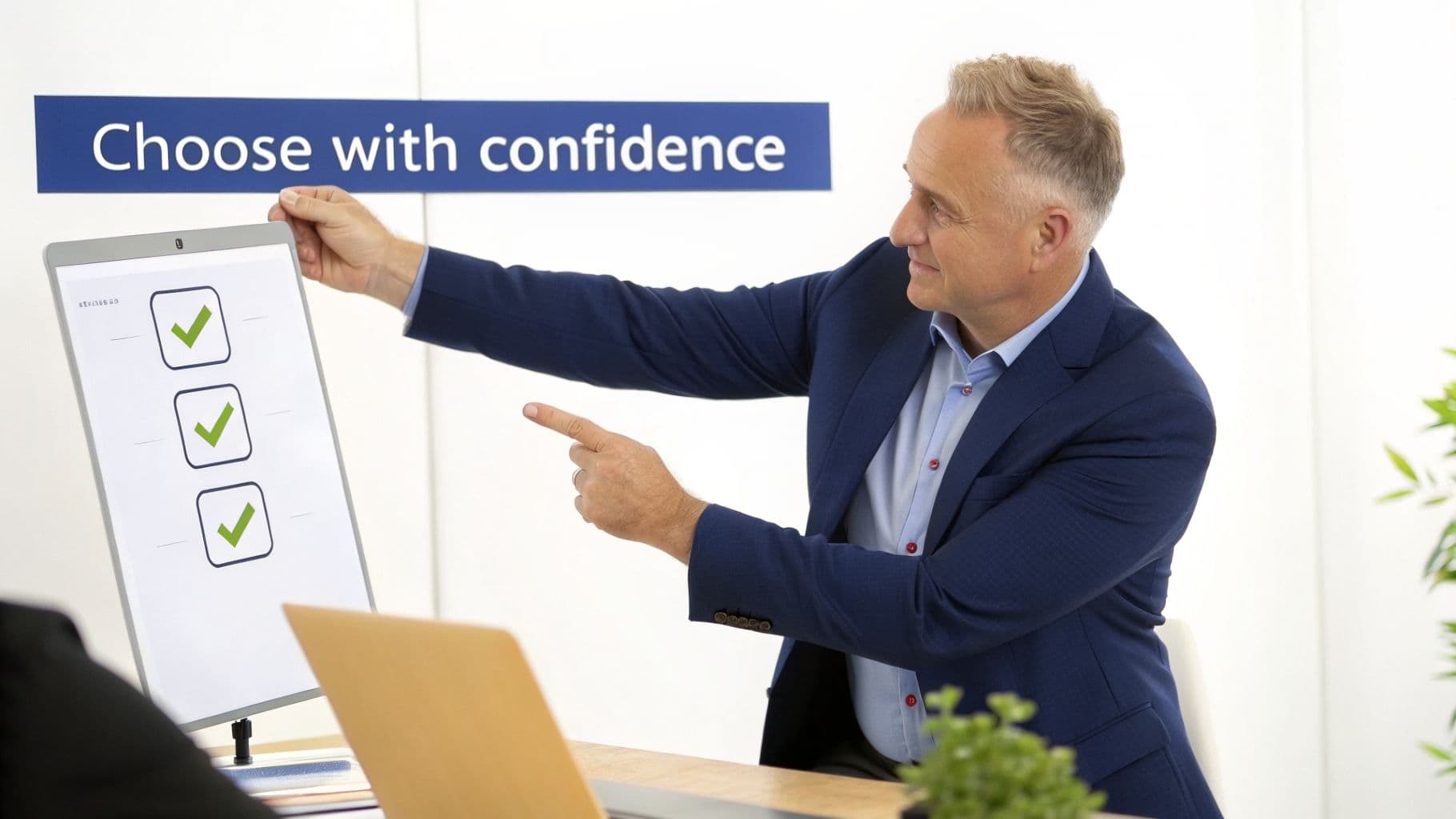 A businessman points at a tablet displaying a checklist, promoting confident decision-making.