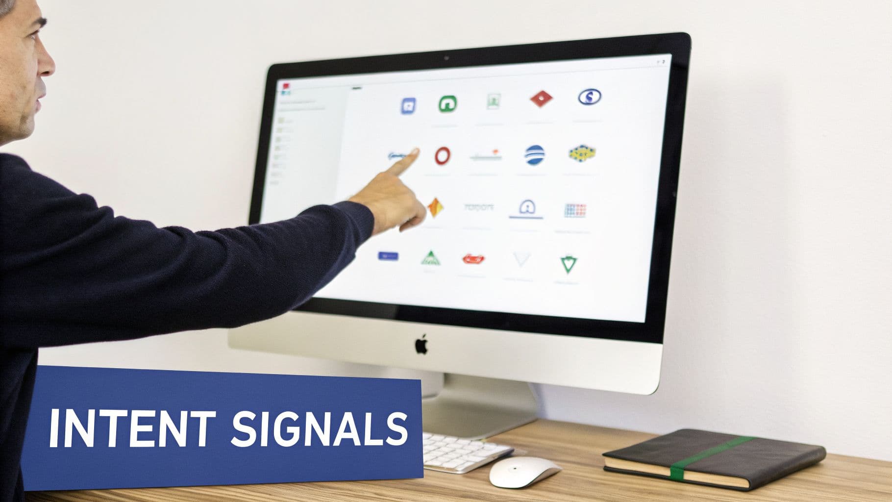 A person's hand points to a computer screen displaying various app icons, with 'INTENT SIGNALS' text visible.