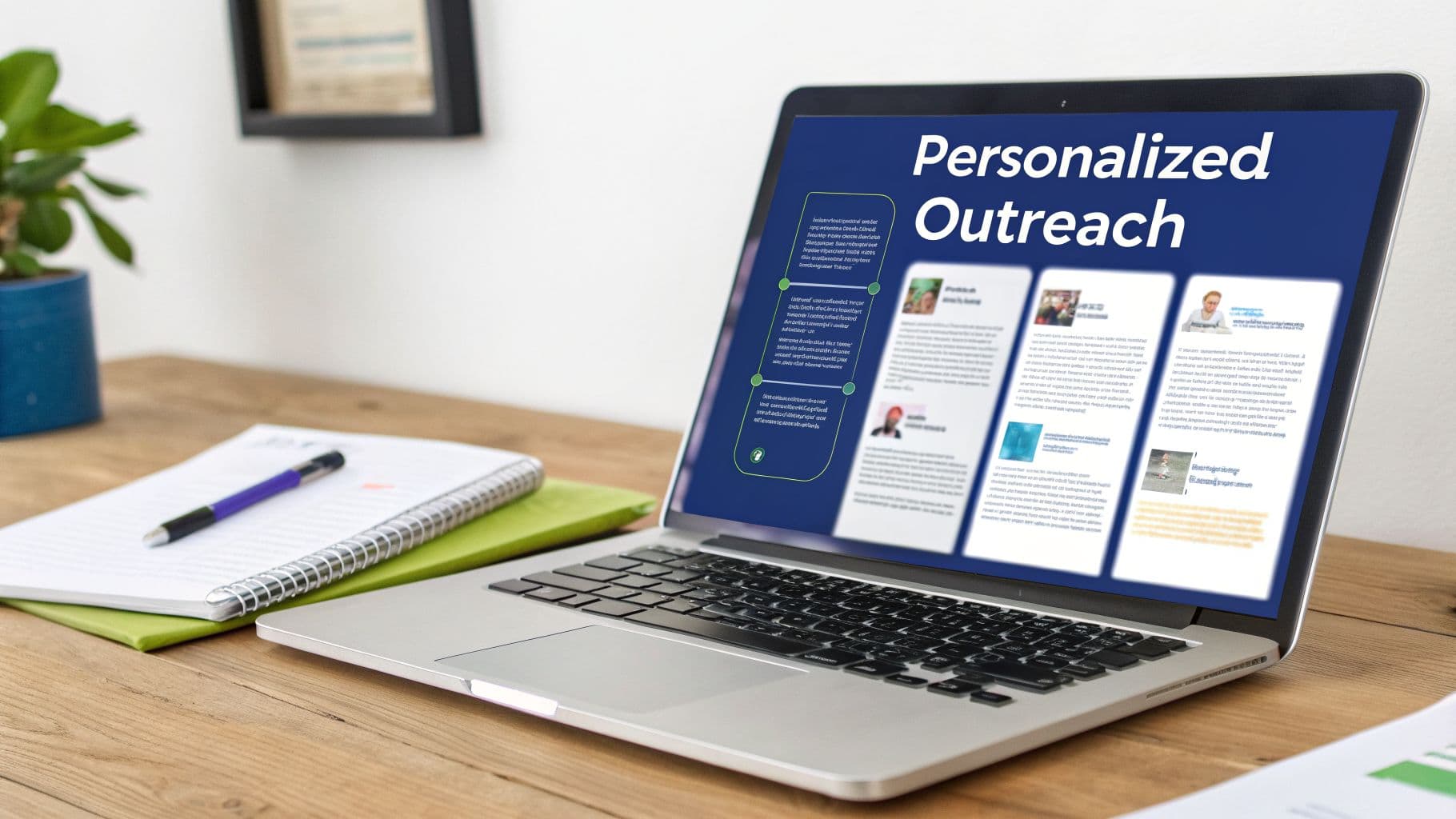 A laptop displaying 'Personalized Outreach' on its screen, placed on a wooden desk with a notebook.