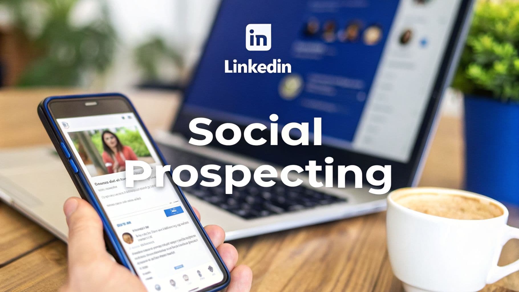 A hand holding a smartphone displays LinkedIn, while a laptop shows the LinkedIn logo and 'Social Prospecting' text.