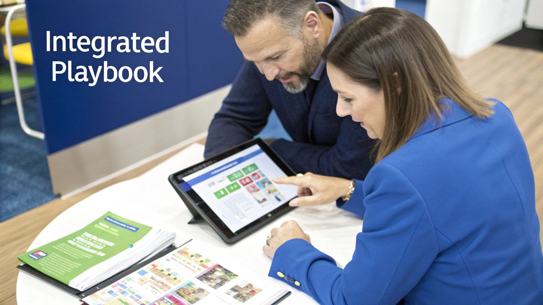 Two business professionals collaborate, reviewing a digital "Integrated Playbook" on a tablet and print materials.