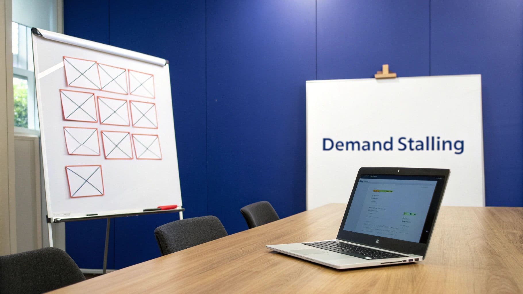 A modern meeting room with a whiteboard, laptop on a table, and a 'Demand Stalling' sign.
