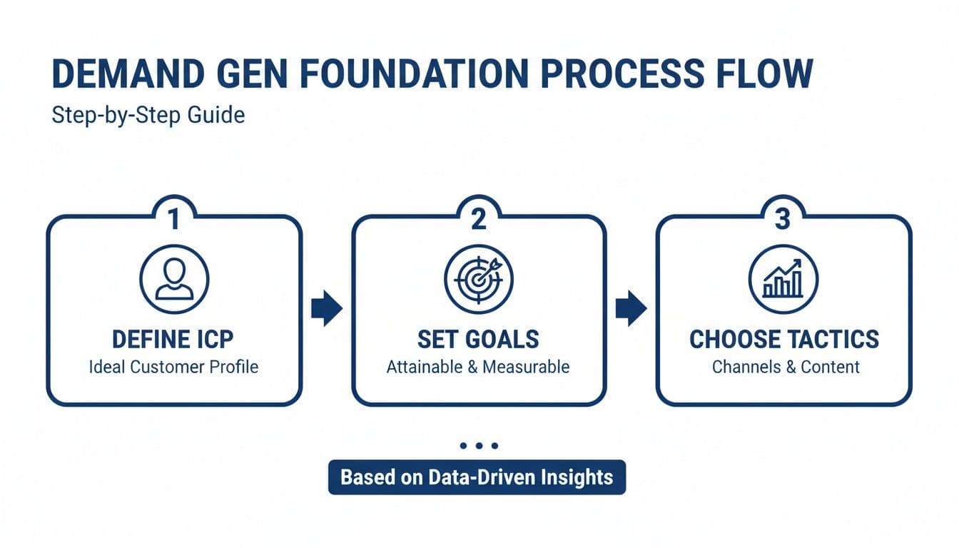 A three-step demand generation process flow defining ICP, setting goals, and choosing tactics, based on data-driven insights.