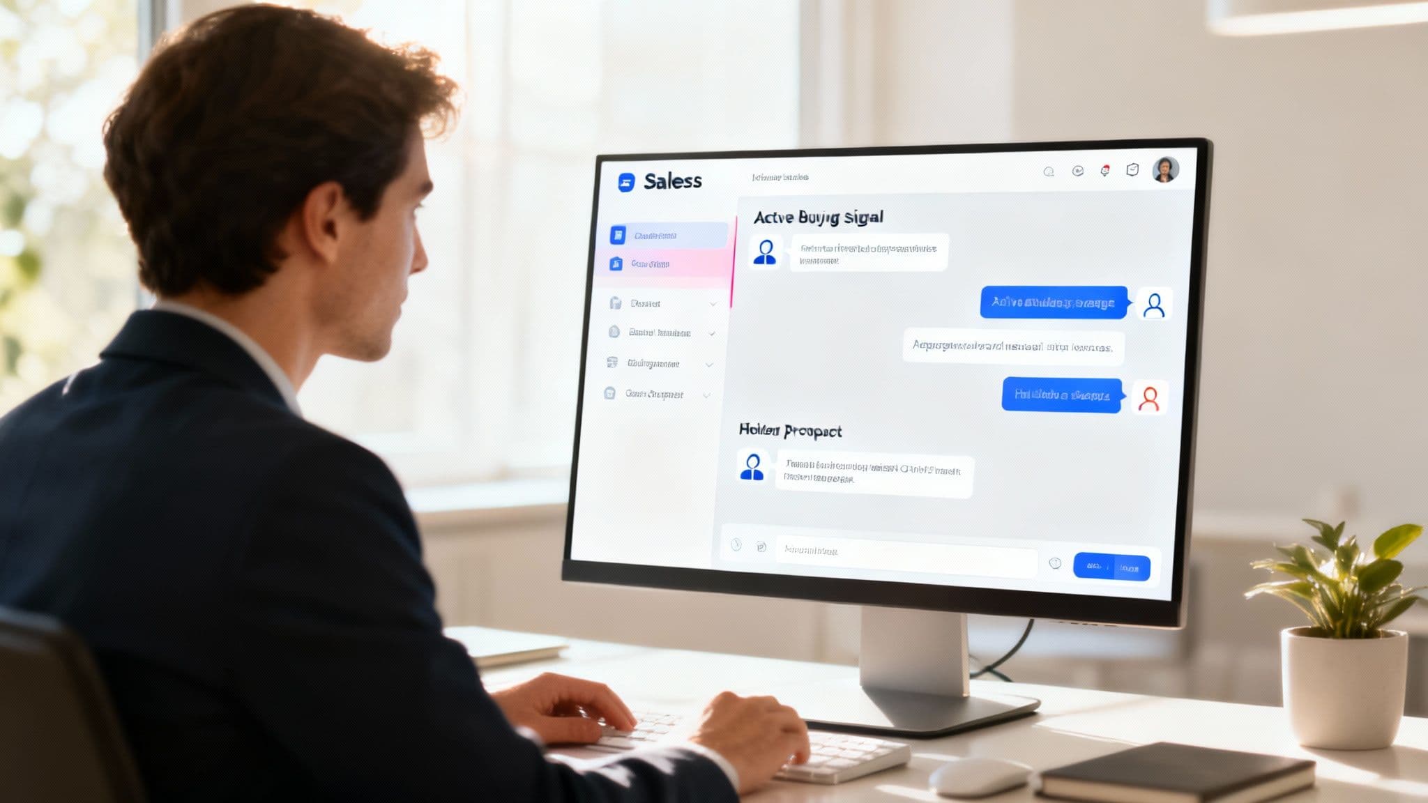 A magnifying glass hovering over a computer screen, symbolizing the inspection of B2B intent data.