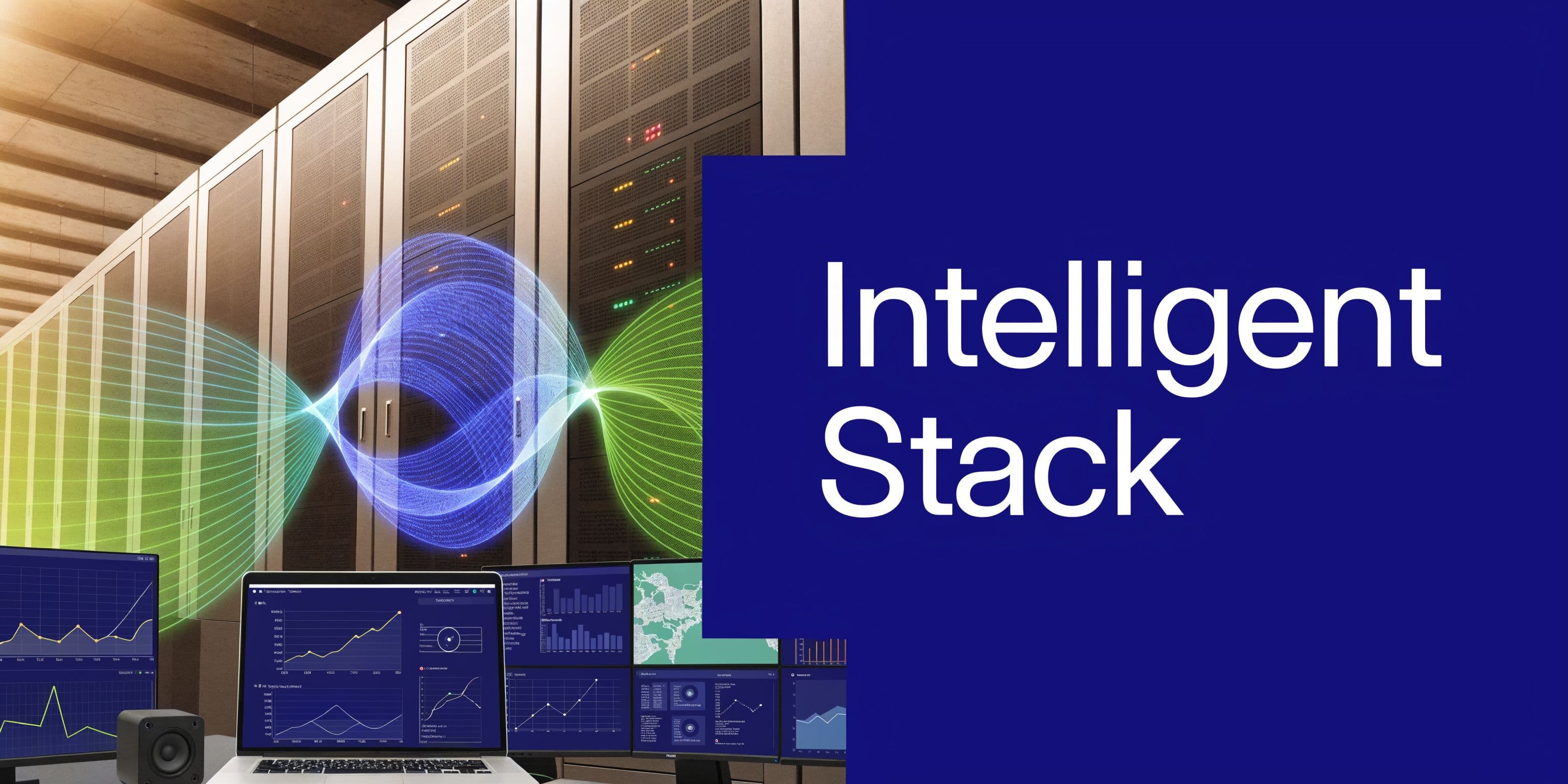 A server room background with digital overlays featuring graphs and data, representing modern IT infrastructure solutions.