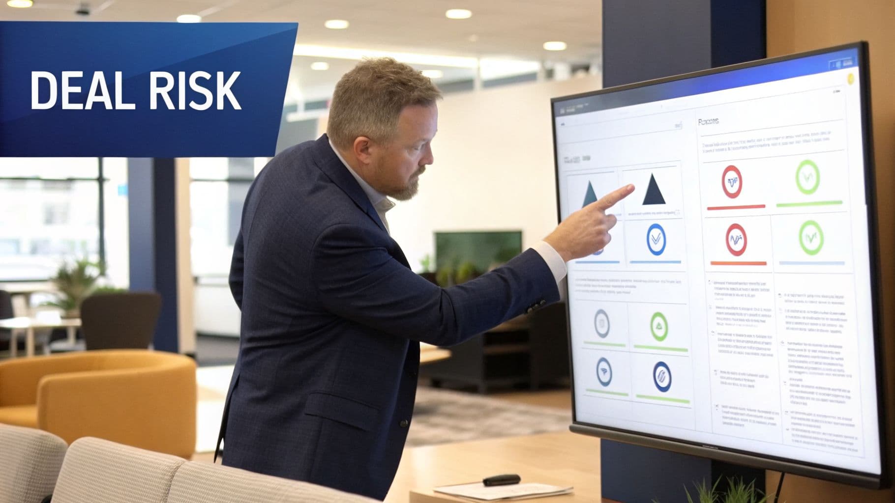 A businessman in a suit points at a large screen showing deal risk metrics and data.