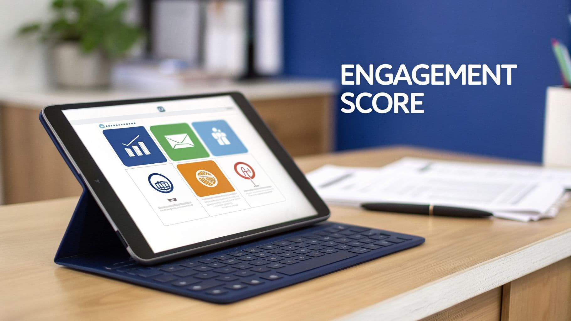 A tablet displaying an engagement score and various business metrics icons on a desk.