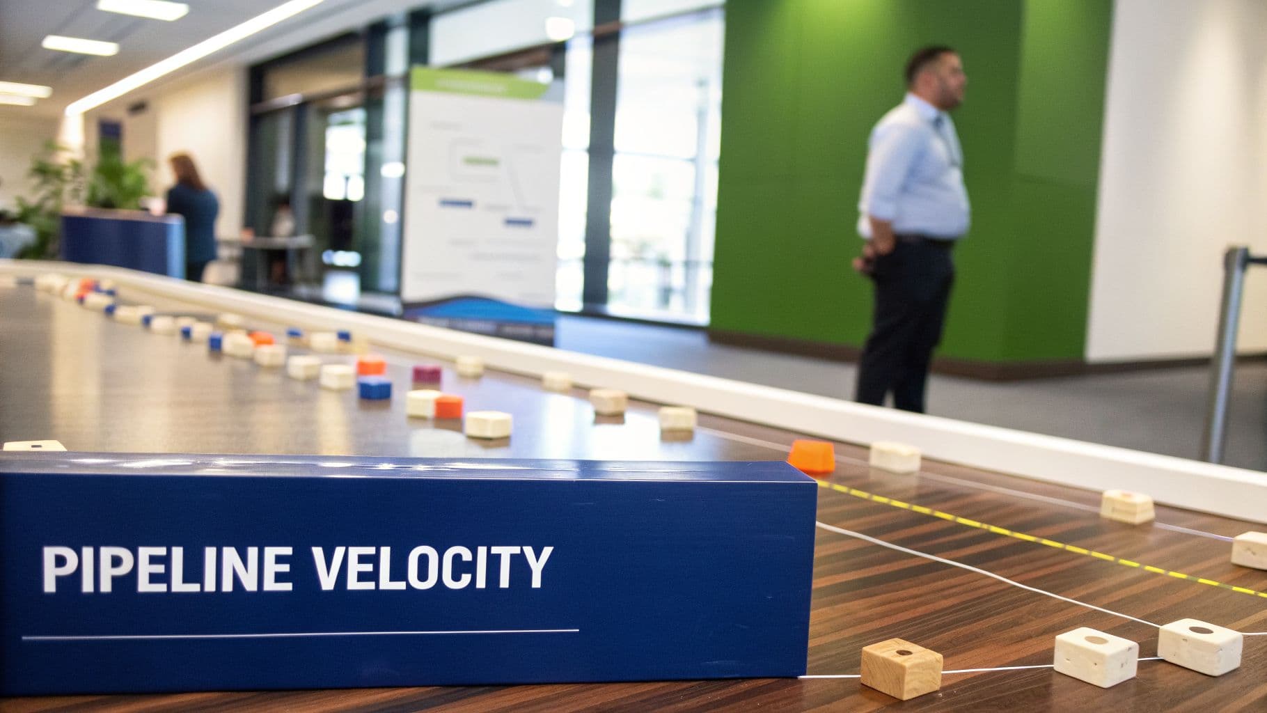 A 'PIPELINE VELOCITY' sign in front of a table with a business process demonstration model at an event.