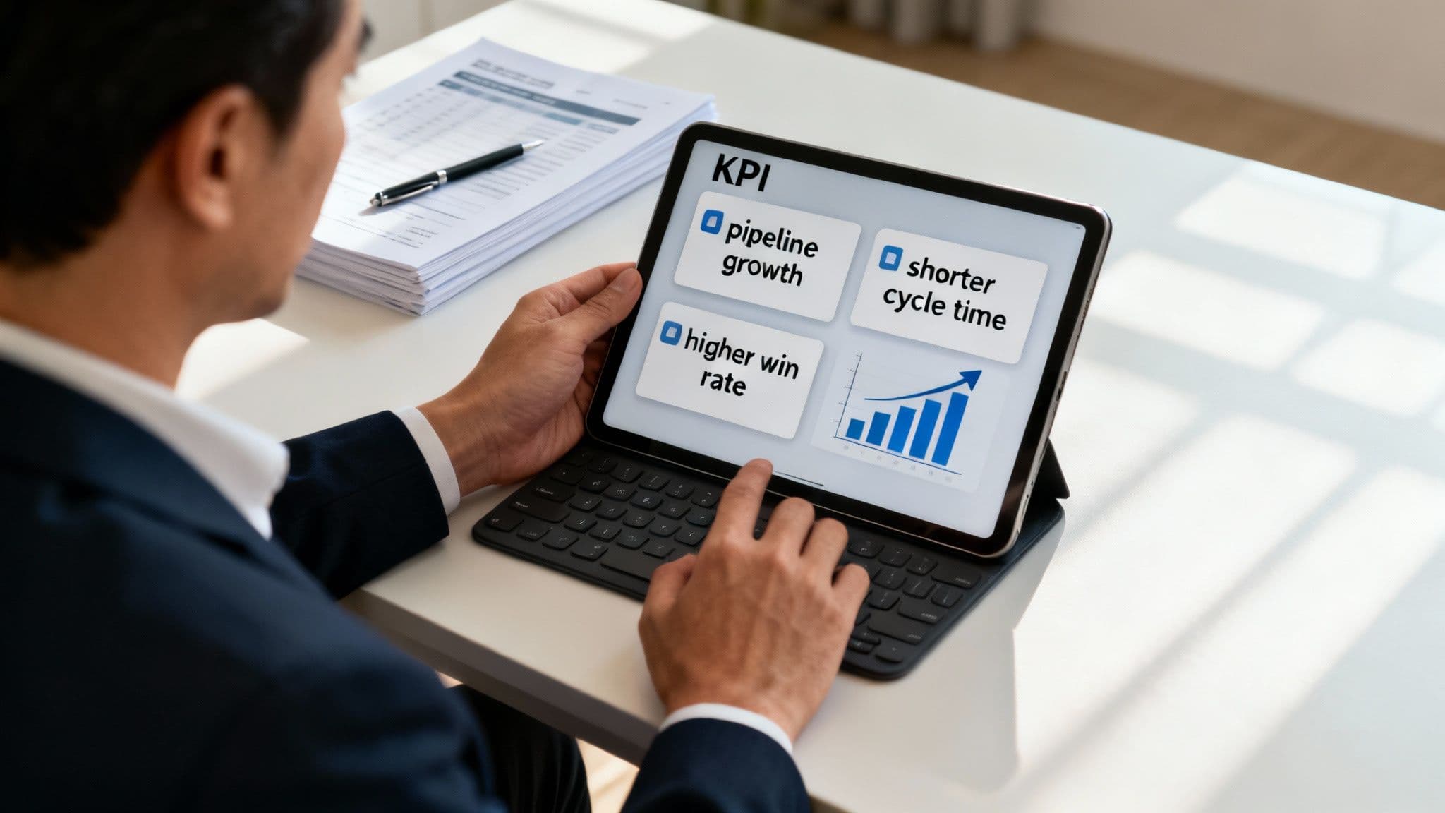 A chart showing upward trends in key sales metrics like pipeline growth and win rates
