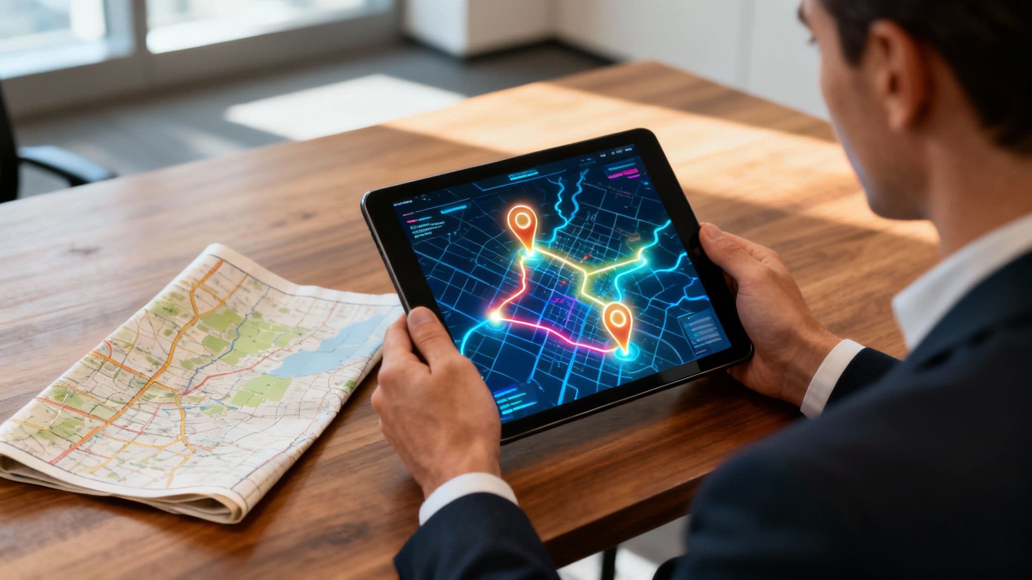 A professional sales team collaborating using a sales intelligence platform on a large screen