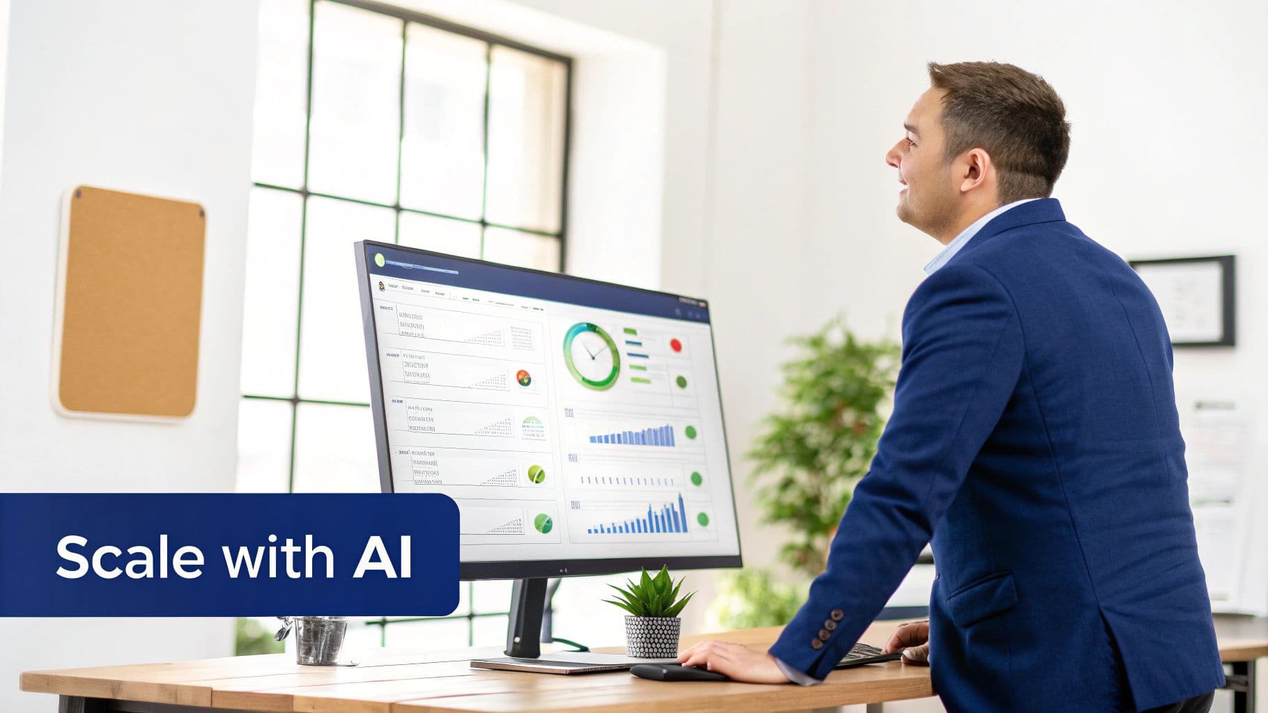 A businessman analyzes an AI dashboard on a computer screen, with a 'Scale with ' caption.