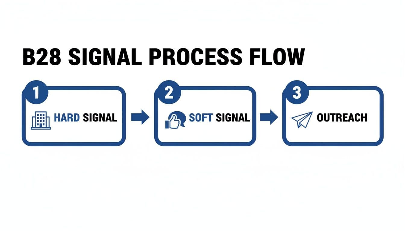 A process flow diagram illustrating three steps: Hard Signal, Soft Signal, and Outreach in sequence.