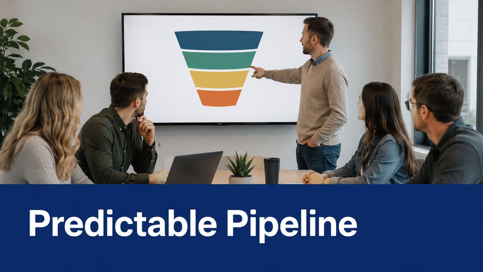 A professional business team listening to a presentation about sales pipeline funnels in a modern office.
