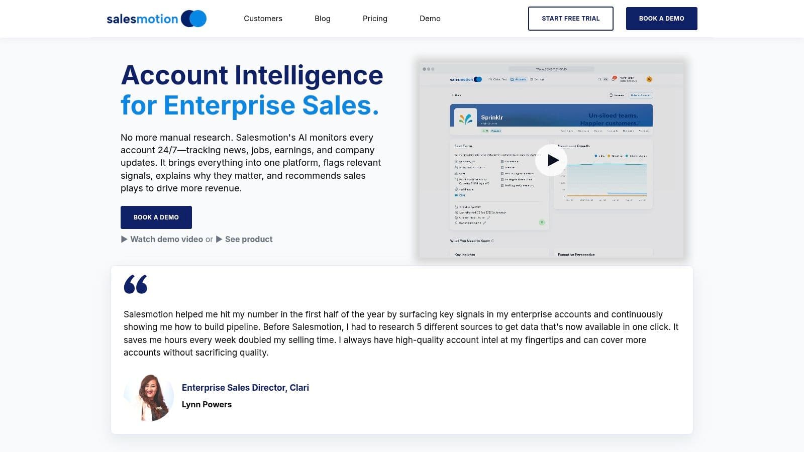 Salesmotion platform interface showing account intelligence and signals