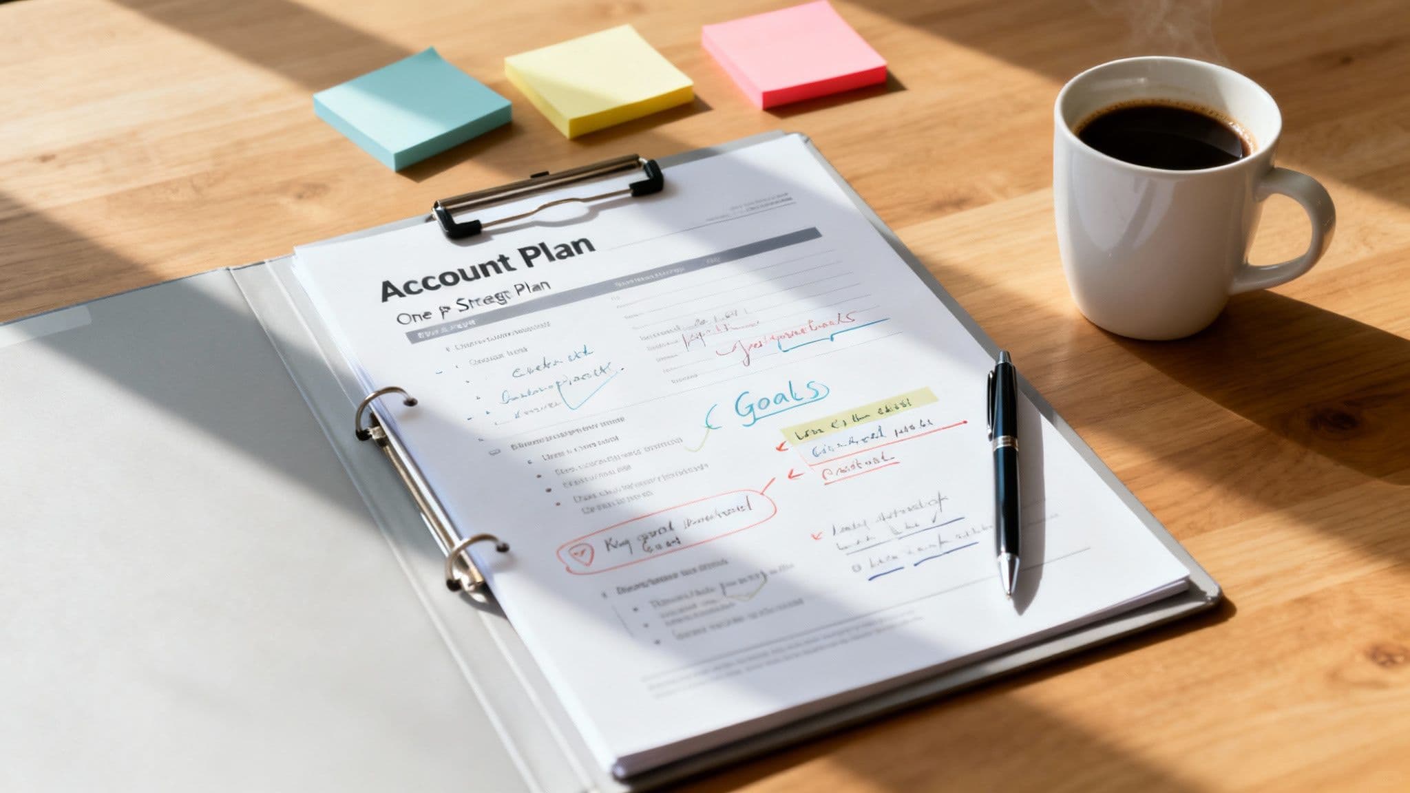 An account plan document with handwritten notes, a pen, a steaming coffee, and colorful sticky notes.